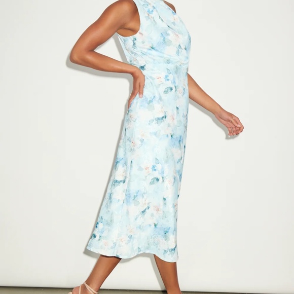 Lulus Distinctive Charm Blue Floral Satin Asymmetrical Midi Dress - Size L - Picture 5 of 5